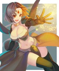 armor black_gloves black_hair black_thighhighs breasts cross_gate enix fantasy forehead_jewel gloves headgear jewelry large_breasts magic navel necklace red_eyes rotix shoulder_armor square_enix thighhighs thighs