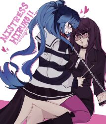 2girls amemiya_darumi black_bow black_dress black_hair black_skirt blue_hair blush bow chain collar dress drooling english_text girl_on_top glasses heart highres long_sleeves looking_at_another multicolored_hair multiple_girls pink_thighhighs pleated_skirt purple_hair red_collar shirt shizuhara_hiruko skirt striped_clothes striped_shirt the_hundred_line_-last_defense_academy- thighhighs twintails white_background yuri
