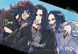 Rule 34 | 3boys, :|, arm behind another&#039;s back, black hair, black jacket, black nails, black shirt, blood, blood on clothes, blood stain, closed mouth, constricted pupils, crazy grin, creepypasta, crossover, curly hair, fingernails, grey sweater, half-closed eye, hand on another&#039;s shoulder, hand on own chin, house of wax (2005 movie), icekana, jacket, jacket partially removed, jeff the killer, john doe (visual novel), john doe (visual novel) (character), looking at viewer, male focus, medium hair, multiple boys, multiple scars, outline, red streaks, scar, scar on arm, sharp fingernails, shirt, signature, single empty eye, sweater, teeth, upper body, vincent (house of wax), white outline, white sweater
