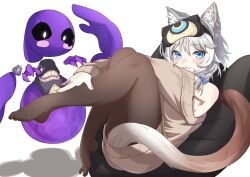 1girl animal_ears black_pantyhose blue_eyes brown_sweater cat_ears cat_girl cat_tail cipher_(honkai:_star_rail) cipher_(sweet_slumber)_(honkai:_star_rail) couch grey_hair hashtag-only_commentary highres honkai:_star_rail honkai_(series) legs looking_at_viewer official_alternate_costume on_couch pantyhose puyopuyo_10 short_hair simple_background sleep_mask spirithief_bartholos_(honkai:_star_rail) sweater tail toes white_background
