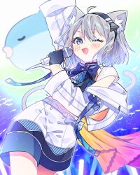 1girl ;d ahoge animal_ear_fluff animal_ears arm_up black_gloves black_hairband blue_background blue_eyes blue_shorts blush_stickers bow bowtie cat_ears cat_girl cat_tail chumunote commentary_request cowboy_shot gloves grey_hair hairband highres holding holding_microphone indie_virtual_youtuber long_sleeves looking_at_viewer microphone notamaru_2 one_eye_closed open_mouth purple_bow purple_bowtie shirt short_hair shorts smile solo tail virtual_youtuber white_shirt