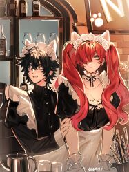 1boy 1girl absurdres apron artist_name black_dress black_hair bottle crossdressing degrees_of_lewdity dress glass hair_over_one_eye highres hyuwrii indoors kylar_(degrees_of_lewdity) kylar_(male)_(degrees_of_lewdity) long_hair looking_at_viewer looking_to_the_side maid maid_headdress nana_(hyuwrii) open_mouth original red_hair short_hair twintails waist_apron white_apron