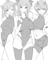 3girls abs absurdres arm_behind_head artemis_of_the_blue arthropod_girl atelier_live bad_id bad_twitter_id bare_legs bare_shoulders blunt_bangs bracelet breasts crab_girl demon_tail greyscale hair_between_eyes hair_ornament hair_ribbon hair_rings hairclip hands_behind_own_head high_collar highres horns imp index_finger_raised indie_virtual_youtuber jewelry kani_kanizawa leotard midriff mole mole_under_eye monochrome multiple_girls navel one_eye_closed open_mouth ponytail rinkya shark_girl short_hair shorts smile tail thighhighs toned toned_female tttinkaaaaa unluckytobii virtual_youtuber wavy_sidelocks wink