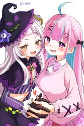2girls :d ahoge black_capelet black_hat black_skirt blue_hair blush bow braid breasts brown_gloves capelet collared_shirt commentary crop_top dress_shirt gloves grey_hair hair_ornament hairclip half-closed_eyes hat highres holding_hands hololive interlocked_fingers kiritoma long_hair long_sleeves medium_breasts minato_aqua minato_aqua_(school_uniform) multicolored_hair multiple_girls murasaki_shion murasaki_shion_(1st_costume) open_mouth orange_eyes pink_bow pink_hair pink_skirt pink_sweater plaid_bow plaid_clothes plaid_skirt pleated_skirt purple_eyes purple_shirt school_uniform shirt signature simple_background skirt smile streaked_hair striped_clothes striped_shirt sweater tilted_headwear two-tone_hair v-shaped_eyebrows vertical-striped_clothes vertical-striped_shirt very_long_hair virtual_youtuber white_background white_shirt witch_hat x_hair_ornament