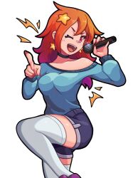1girl :d alternate_form blue_shirt blue_shorts choker collarbone earrings feet_out_of_frame female_focus fingernails hair_ornament highres holding holding_microphone jewelry kalia3see long_fingernails long_hair looking_at_viewer microphone nail_polish one_eye_closed one_leg_raised open_mouth orange_hair party_girl_(terraria) pointing pointing_at_viewer red_eyes shirt shorts simple_background smile solo star_(symbol) star_earrings star_hair_ornament terraria thighhighs white_background white_thighhighs wink