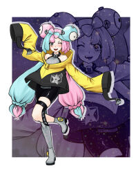 Rule 34 | 1girl, ;d, aqua hair, azurdraws, bike shorts, blush, boots, border, bow-shaped hair, character hair ornament, commentary, creatures (company), game freak, grey footwear, grey pantyhose, grey shirt, hair ornament, highres, iono (pokemon), jacket, leg up, long hair, multicolored hair, nintendo, one eye closed, open mouth, pantyhose, pink hair, pokemon, pokemon sv, shirt, single leg pantyhose, sleeveless, sleeveless shirt, smile, star (symbol), star print, teeth, thigh strap, twintails, two-tone hair, upper teeth only, white border, yellow jacket, zoom layer