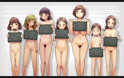 6+girls age_difference bar_censor blonde_hair blush breasts brown_eyes brown_hair censored cleavage cleft_of_venus clenched_teeth collarbone completely_nude delinquent embarrassed female_focus female_pubic_hair flat_chest frown height_chart highres holding holding_sign indoors large_breasts lineup loli looking_at_viewer low_twintails matching_hair/eyes mature_female medium_hair moderate_pubic_hair multiple_girls navel nervous nervous_smile nipples nude open_mouth original pubic_hair pubic_stubble purple_hair pussy rensyu sagging_breasts short_hair sign smile sparse_pubic_hair standing straight-on tareme tearing_up teeth triangle_mouth twintails white_background yellow_eyes