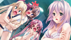 Rule 34 | &gt; &lt;, 4girls, amagi yui, angry, black bra, black panties, blonde hair, blue eyes, blush, bow, bow panties, bra, breasts, brown hair, charlotte tiger, cleavage, closed eyes, covering privates, dutch angle, game cg, green eyes, hair bow, hair ribbon, hairband, itoshii kanojo no mamorikata, lace, lace-trimmed bra, lace-trimmed panties, lace trim, large breasts, lingerie, long hair, lowleg, lowleg panties, morishita mifuyu, multiple girls, ooi narumi, panties, pink hair, purple bra, purple eyes, purple hair, ribbon, senomoto hisashi, small breasts, striped bra, striped clothes, striped panties, twintails, underwear, underwear only, wet, white bra, white panties