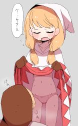 Rule 34 | 1boy, 1girl, blush, brown gloves, closed eyes, dokan (dkn), ear blush, final fantasy, final fantasy tactics, flying sweatdrops, gloves, grey background, highres, hood, hood up, hooded robe, jaggy lines, lifting own clothes, navel, open mouth, panties, pink panties, robe, robe lift, simple background, squire (fft), sweat, underwear, white mage, white mage (fft), white mage (final fantasy), white robe