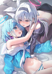 2girls arona_(blue_archive) bent_over black_choker black_hairband black_pantyhose black_sailor_collar black_shirt blue_archive blue_eyes blue_panties blue_shirt blush choker colored_inner_hair grey_eyes hair_over_one_eye hair_ribbon hairband hand_on_another&#039;s_neck highres huwari_(dnwls3010) kneeling long_hair looking_at_another lying medium_hair multicolored_hair multiple_girls navel neckerchief no_pants on_back open_mouth panties pantyhose plana_(blue_archive) ribbon sailor_collar shirt sidelocks stomach striped_clothes striped_panties teeth two-tone_hair underwear upper_teeth_only white_hair white_hairband white_neckerchief white_ribbon white_sailor_collar