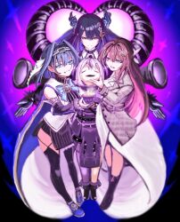 4girls ankle_cuffs asymmetrical_horns asymmetrical_legwear azki_(4th_costume)_(hololive) azki_(hololive) black_boots black_hair black_skirt black_sleeves black_thighhighs blue_background blue_bow blue_bowtie blue_hair blue_shoes boots bow bowtie brooch brown_hair brown_jacket buttons chain chain_headband closed_eyes coat coat_dress colored_inner_hair commentary_request demon_horns detached_sleeves double-breasted double-parted_bangs dress facing_up flower food food_request full_body gradient_background grey_hair hair_intakes hair_ornament hand_on_another&#039;s_cheek hand_on_another&#039;s_face happy_tears heart heart_brooch holding holding_food hololive hololive_english horn_flower horns invisible_floor jacket jewelry la+_darknesss la+_darknesss_(1st_costume) long_hair long_sleeves looking_at_another medium_hair miniskirt mole mole_under_eye multicolored_hair multiple_girls nerissa_ravencroft nerissa_ravencroft_(1st_costume) open_mouth ouro_kronii ouro_kronii_(1st_costume) outstretched_arms pink_eyes purple_background purple_coat purple_eyes purple_hair purple_horns sailor_collar shirt shoes skirt skirt_under_dress sleeveless sleeveless_shirt sleeves_past_fingers sleeves_past_wrists smile sparkle spread_arms standing streaked_hair striped_horns tassel tassel_hair_ornament tears thighhighs twonogakipigpa uneven_horns very_long_sleeves virtual_youtuber white_sailor_collar white_shirt white_skirt wide_sleeves