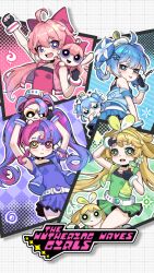 6+girls absurdres ahoge armpits bare_shoulders belt black_choker black_gloves blonde_hair blue_dress blue_eyes blue_hair blue_jacket bow bow_hairband breasts carrying_overhead checkered_background chibi choker commentary_request cosplay dress eien_no_24-sai_no_shakai_hito encore_(wuthering_waves) finger_to_eye fingerless_gloves flower gloves green_dress green_eyes green_hairband green_jacket hair_bow hair_flower hair_ornament hairband hand_up heterochromia highres jacket long_hair looking_at_viewer multicolored_hair multiple_girls open_mouth pink_dress pink_eyes pink_hair pink_jacket powerpuff_girls_z purple_dress purple_eyes purple_jacket roccia_(wuthering_waves) sleeveless sleeveless_dress sleeveless_jacket small_breasts smile teeth tongue tongue_out twintails upper_teeth_only verina_(wuthering_waves) wuthering_waves yellow_eyes youhu_(wuthering_waves)