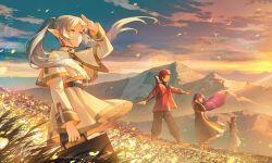 Rule 34 | 2boys, 2girls, blue eyes, blue sky, chinnkun, cloud, dawn, fantasy, fern (sousou no frieren), frieren, from side, glowing flower, gradient sky, grass, long hair, looking ahead, mountain, mountainous horizon, multiple boys, multiple girls, nature, painterly, petals, purple hair, red hair, sein (sousou no frieren), short hair, side-by-side, signature, sky, sousou no frieren, standing, stark (sousou no frieren), twintails, watermark, white hair, wind, yellow sky