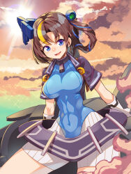 Rule 34 | 1girl, abs, bell, blackhound (last origin), blonde hair, blue bodysuit, blue eyes, blush, bodysuit, breasts, brown hair, cloud, cloudy sky, covered abs, covered navel, dusk, evening, hair between eyes, hair ribbon, highres, large breasts, last origin, lens flare, looking at viewer, multicolored hair, neck bell, open mouth, pixiv id, ribbon, short sleeves, signature, sky, smile, solo, sparkle, streaked hair, twitter username, umigarasu (kitsune1963)