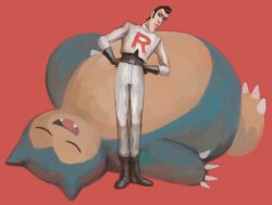 1boy black_eyes black_footwear black_gloves black_hair boots claws closed_eyes commentary cortoony creature crossover english_commentary fangs full_body furrowed_brow gen_1_pokemon gloves hands_on_own_hips lazytown leaning_to_the_side long_sleeves male_focus nintendo pants pokemon pokemon_(anime) pokemon_(creature) red_background robbie_rotten simple_background sleeping snorlax standing team_rocket team_rocket_uniform white_pants