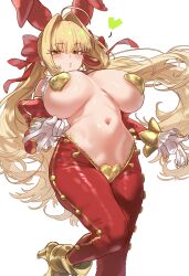 1girl absurdres ahoge animal_ears areola_slip blonde_hair blush breasts covered_erect_nipples crotchless crotchless_pantyhose detached_sleeves earrings ebora fake_animal_ears fate/grand_order fate_(series) gloves gold_trim green_eyes hair_intakes hair_ribbon heart_maebari heart_pasties high_heels highres jewelry large_breasts long_hair looking_at_viewer maebari meme_attire nero_claudius_(fate) nero_claudius_(fate/extra) pantyhose pasties rabbit_ears red_pantyhose red_ribbon red_sleeves revealing_clothes reverse_bunnysuit reverse_outfit ribbon thighs twintails white_gloves