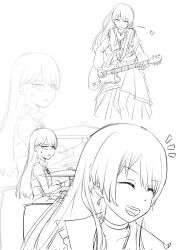 Rule 34 | 2girls, bang dream!, bang dream! it&#039;s mygo!!!!!, chihaya anon, chinese commentary, closed eyes, commentary request, dazhong (dazhong02312), earrings, electric guitar, greyscale, guitar, heart, highres, instrument, jacket, jewelry, long hair, long sleeves, monochrome, multiple girls, open mouth, playing drum, shiina taki, skirt, sweatdrop, zoom layer