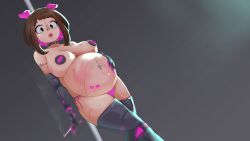 Rule 34 | abortion mark, animal ears, boku no hero academia, highres, holding belly, navel piercing, nipple penetration, nose hook, piercing, pig ears, scar, scar on face, shakuraya, smoking, spanked, uraraka ochako