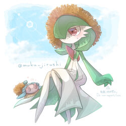 1girl arms_at_sides artist_name blue_hair blue_sky blush bob_cut brown_hat closed_mouth cloud colored_skin creatures_(company) day female_focus flat_chest full_body game_freak gardevoir gen_3_pokemon gen_8_pokemon green_hair green_skin hair_over_one_eye half-closed_eyes hat hatenna highres hot invisible_chair knees_together_feet_apart lens_flare lying muku_jirushi multicolored_skin nintendo on_back one_eye_covered outdoors pokemon pokemon_(creature) red_eyes short_hair signature sitting sky solo_focus spiral star_(symbol) straw_hat sweat twitter_username two-tone_skin white_skin
