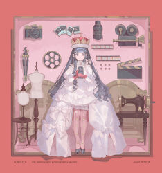 1girl alternate_costume artist_name black_footwear black_hair camera cardcaptor_sakura clapperboard commentary crown daidouji_tomoyo dress english_text film_reel film_strip grey_eyes holding holding_camera long_hair looking_at_viewer mannequin movie_camera pantyhose photo_(object) pink_background pink_pantyhose ririfa sewing_machine showgirl_skirt sidelocks simple_background smile solo table tripod video_camera white_dress