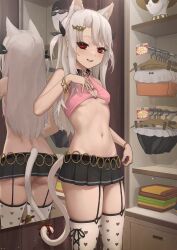 1girl animal_ears ass back bare_shoulders bell belt bikini black_belt black_skirt blush bracelet breasts cat_ears cat_tail cleavage clothes_hanger crop_top crop_top_overhang fake_animal_ears fate/stay_night fate_(series) hair_between_eyes hand_up hat heart heart_print highres holding illyasviel_von_einzbern indoors jewelry loli long_hair looking_at_viewer mannequin micro_bikini miniskirt mirror navel ola_(bunnyfly) pink_shirt pleated_skirt price_tag red_eyes red_ribbon reflection ribbon seductive_smile shadow shirt shop short_twintails sidelocks skindentation skirt sleeveless small_breasts smile solo standing sunglasses swimsuit tail thighhighs thighs twintails white_hair