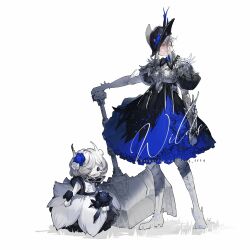 Rule 34 | 1girl, 1other, armor, boots, breasts, character request, dress, full body, gloves, hammer, hat, holding, holding hammer, holding weapon, hug ff14, lala barina (armor), medium hair, monster hunter (series), monster hunter wilds, simple background, skirt, smile, tricorne, weapon, white background, white hair