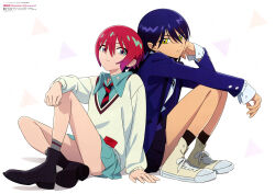 2girls absurdres amate_yuzuriha aqua_eyes artist_collaboration artist_name back-to-back boots border collared_shirt copyright_name full_body gundam gundam_gquuuuuux highres ikeda_yumi inoue_akiko_(artist) jacket knees_up long_hair long_sleeves looking_at_viewer multiple_girls nyaan_(gundam_gquuuuuux) official_art purple_hair red_hair scan school_uniform shirt shoes short_hair simple_background sitting sneakers socks sweater third-party_source upper_body white_background white_border yellow_eyes