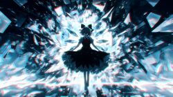 1girl barefoot blue_eyes blue_hair bow chromatic_aberration cirno clothes_lift commentary detached_wings full_body glowing glowing_eyes hair_bow ice ice_wings lifting_own_clothes looking_at_viewer short_hair short_sleeves solo standing touhou wings xiirus