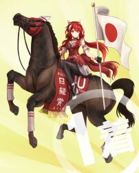 black_pantyhose breasts bridle cleavage commentary creature_and_personification dress ear_covers feather_hair_ornament feathers flag green_eyes hair_ornament highres holding holding_flag hood horse horse_girl horse_tail horseback_riding japanese_flag long_hair looking_at_viewer low_twintails namiki_(remiter00) neck_ribbon pantyhose personification race_bib real_life red_dress red_hair red_ribbon reins ribbon riding saddle shoes smile stirrups_(riding) striped_ribbon tail translation_request twintails umamusume white_shoes win_variation_(racehorse) win_variation_(umamusume)