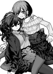 Rule 34 | 2girls, asahina mafuyu, blush, cardigan, clenched teeth, frilled skirt, frills, high ponytail, highres, jihecchi, long hair, long sleeves, miyamasuzaka girls&#039; academy school uniform, multiple girls, neckerchief, parted lips, ponytail, project sekai, sailor collar, school uniform, shinonome ena, shirt, short hair, sidelocks, simple background, sitting, skirt, sweat, teeth