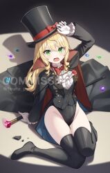 1girl arm_up black_boots black_cloak black_hat black_jacket black_leotard black_thighhighs blonde_hair boots bow bowtie cane cloak commission fang gem gloves green_eyes groin hat highleg highleg_leotard highres jacket knees_together_feet_apart leotard leotard_under_clothes long_hair open_mouth original phantom_thief phantom_thief_(kkmomo67) red_bow red_bowtie red_cloak shirt sitting skeb_commission solo thigh_boots thighhighs thighs top_hat tsurupy two-sided_cloak two-sided_fabric watermark white_gloves white_shirt