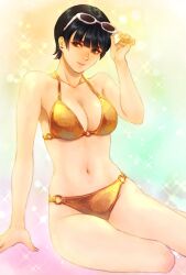 1girl adjusting_eyewear aqua_eyes bikini black_hair breasts cleavage closed_mouth commentary_request eyewear_on_head gold_bikini gundam gundam_gquuuuuux highres holding looking_at_viewer mature_female medium_breasts short_hair side-tie_bikini_bottom sitting smile solo sunglasses swimsuit takeda_yuuko tamaki_yuzuriha