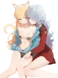 2girls absurdres animal_ears bare_legs bikini black_bikini blonde_hair cat_ears cat_girl cat_tail grey_hair highres jacket multiple_girls one_eye_closed red_jacket smile swimsuit tail tongue tongue_out yuri