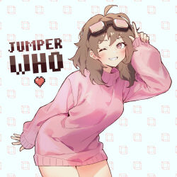 1girl ;d absurdres ahoge arm_behind_back arm_up blush breasts brown_hair character_name commentary cowboy_shot cube dress english_commentary goggles goggles_on_head grin heart highres index_finger_raised jumperwho large_breasts leaning_forward looking_at_viewer medium_hair minecraft_youtube one_eye_closed open_mouth pink_sweater pixel_heart pixel_text pixelated smile solo sweater sweater_dress tofumang white_background wireframe