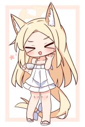 &gt;_&lt; 1girl :d absurdres animal_ear_fluff animal_ears bare_arms bare_shoulders blonde_hair blue_archive blush bow brown_background chibi closed_eyes collarbone cup dress facing_viewer forehead fox_ears fox_girl fox_tail full_body halo hana_kazari hand_up highres holding holding_cup large_variant_set long_hair open_mouth parted_bangs sandals seia_(blue_archive) sleeveless sleeveless_dress smile solo standing star_(symbol) tail tail_bow tail_ornament two-tone_background v-shaped_eyebrows variant_set very_long_hair white_background white_bow white_dress white_sandals xd
