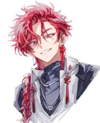 1boy black_coat black_shirt braid braided_ponytail chinese_knot coat coat_on_shoulders collared_shirt cropped_torso earrings grin hair_between_eyes hair_over_shoulder jewelry long_hair looking_at_viewer male_focus necklace portrait red_eyes red_hair shiguang_dailiren shirt simple_background single_braid single_earring smile solo sorry_okk tassel tassel_earrings teeth turtleneck upper_body white_background white_shirt xiao_weiying