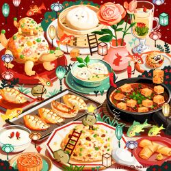 artist_name bread cup dumpling fish flower food food_focus issiki_toaki ladder lantern leaf no_humans original pink_flower plant plate red_background rose shrimp star_(symbol) tray