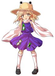 1girl alphes_(style) animal_print blonde_hair blush brown_shoes commentary_request crying crying_with_eyes_open dairi frog_hat frog_print full_body hair_ribbon hand_up hat large_variant_set loafers long_hair long_sleeves looking_at_viewer moriya_suwako open_mouth parody purple_skirt purple_vest red_ribbon ribbon shoes skirt skirt_set socks solo style_parody tachi-e tears touhou transparent_background tress_ribbon variant_set vest white_socks wide_sleeves yellow_eyes