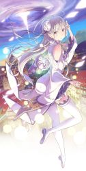 Rule 34 | 10s, 1girl, braid, cat, emilia, female focus, floating, full body, hair ornament, highres, long hair, long sleeves, matsue daichi, official art, ootsuka shin&#039;ichirou, open mouth, pack (rezero), pleated skirt, pointy ears, purple eyes, re:zero kara hajimeru isekai seikatsu, silver hair, skirt, sleeves past wrists, solo, thighhighs, white theme, white thighhighs, wide sleeves, zettai ryouiki