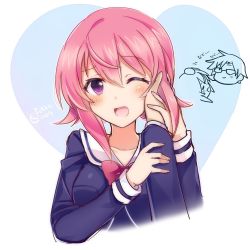 1girl ;d blue_jacket chaos;child collarbone cropped_torso hair_between_eyes hand_on_another&#039;s_cheek hand_on_another&#039;s_face heart highres jacket long_sleeves looking_at_viewer one_eye_closed onoe_serika open_mouth pink_hair pink_neckwear purple_eyes rotte_(1109) sailor_collar short_hair_with_long_locks sidelocks smile upper_body white_background white_sailor_collar