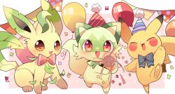 Rule 34 | :3, :d, balloon, blue bow, blue bowtie, blush stickers, bow, bowtie, brown eyes, closed eyes, commentary request, gen 1 pokemon, gen 4 pokemon, hat, highres, leafeon, nintendo, no humans, open mouth, party hat, party popper, pikachu, pokemon, pokemon (creature), red background, red bow, red bowtie, red eyes, smile, sprigatito, yupo 0322