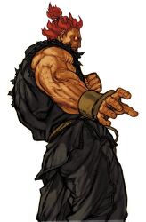 1boy akuma_(street_fighter) black_dougi capcom capcom_vs_snk capcom_vs_snk_2 clenched_hand dougi facing_to_the_side fingerless_gloves from_below game_cg gloves glowing glowing_eyes highres male_focus mma_gloves muscular muscular_male nishimura_kinu non-web_source official_art outstretched_arm outstretched_hand red_eyes red_hair rope_belt sleeveless solo street_fighter topknot torn_clothes torn_sleeves veins veiny_arms veiny_face white_background