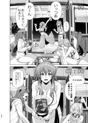 Rule 34 | 3girls, alternate costume, atlanta (kancolle), barefoot, bikini, breasts, cleavage, drink, drunk, greyscale, helena (kancolle), helena (swimsuit) (kancolle), highres, holding, ifuji shinsen, indoors, jacket, kantai collection, large breasts, long hair, long sleeves, looking at viewer, medium breasts, monochrome, multiple girls, official alternate costume, open clothes, open jacket, open mouth, paper, ponytail, ranger (kancolle), saratoga (kancolle), sarong, scrunchie, short shorts, shorts, sidelocks, sitting, south dakota (kancolle), south dakota (swimsuit) (kancolle), standing, swimsuit, table, two side up, very long hair, wrist scrunchie