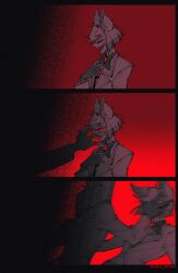 2boys alastor_(hazbin_hotel) antlers deer_antlers deer_boy demon_boy formal_clothes grabbing_another&#039;s_face hazbin_hotel head_grab highres horns jelly_bear2 male_focus monocle multiple_boys red_hair red_suit sharp_teeth suit teeth vox_(hazbin_hotel)