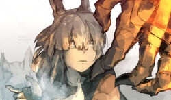 Rule 34 | 1boy, 2025, 2girls, absurdres, animal ears, arknights, bright pupils, dated, frostnova (arknights), grey eyes, grey hair, highres, looking up, multiple girls, patriot (arknights), rabbit ears, rokunose, size difference, solo focus, teeth, twitter username, white background, white pupils