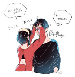 Rule 34 | 1boy, 1girl, absurdres, arms up, awarinko, backless dress, backless outfit, black hair, black shirt, blush, brother and sister, brown hairband, cropped torso, dress, facing away, hairband, hands in hair, highres, long sleeves, red dress, red eyes, shirt, siblings, signature, simple background, small sweatdrop, spy x family, sweat, translation request, twitter username, upper body, white background, yor briar, yuri briar