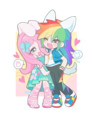 2girls ;d absurdres alternate_skin_color animal_ears animal_print blonde_hair blue_hair blue_jacket blue_shoes border bracelet breasts butterfly_hair_ornament butterfly_print chengzi82020 chinese_commentary commentary_request cutie_mark deformed drawstring dress eye_contact eyes_visible_through_hair face-to-face fake_animal_ears fake_tail fang fluttershy fluttershy_(equestria_girls) full_body green_dress green_eyes green_hair grey_tail hair_between_eyes hair_ornament hair_over_one_eye hand_in_pocket heart highres hood hood_down hooded_jacket jacket jewelry knees_together_feet_apart lightning_bolt_symbol long_hair looking_at_another multicolored_hair multiple_girls my_little_pony my_little_pony:_equestria_girls my_little_pony:_friendship_is_magic off-shoulder_dress off_shoulder official_alternate_costume one_eye_closed open-toe_shoes open_mouth orange_hair outside_border pink_background pink_eyes pink_hair pink_shoes purple_hair rabbit_ears rainbow_dash rainbow_dash_(equestria_girls) rainbow_hair red_hair shirt shoes short-sleeved_jacket short_sleeves simple_background skin_fang small_breasts smile sneakers spoken_animal standing streaked_hair tail teeth two-tone_background upper_teeth_only v-shaped_eyebrows very_long_hair white_border white_shirt wolf_ears wolf_tail yellow_background yuri
