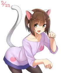 10s 1girl animal_ears black_pantyhose cat_ears cat_tail fang female_focus green_eyes highres idolmaster idolmaster_cinderella_girls maekawa_miku ninnzinn pantyhose paw_pose solo tail