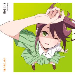 Rule 34 | 1girl, ;d, absurdres, album cover, anime coloring, arm up, brown hair, brown shoes, character name, collarbone, copyright name, cover, floating hair, foreshortening, from above, full body, goto akira, green background, green eyes, green jacket, green skirt, highres, ikizulive! love live! bluebird, jacket, loafers, looking at viewer, love live!, official alternate costume, official art, one eye closed, open mouth, parted bangs, parted lips, pinstripe pattern, pinstripe skirt, pleated skirt, ponytail, second-party source, shading eyes, shirt, shoes, short-sleeved jacket, short sleeves, sidelocks, simple background, skirt, smile, socks, solo, song name, tabata hisayuki, what is my life? (love live!), white shirt, white socks