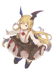 10s 1girl bad_id bad_pixiv_id bat_wings black_skirt black_thighhighs blonde_hair commentary_request cropped_legs female_focus flower frilled_skirt frills granblue_fantasy hanarito head_wings long_hair long_sleeves orange_eyes outstretched_arms pointy_ears red_flower red_rose rose shingeki_no_bahamut shirt simple_background skirt solo thighhighs vampire vampy white_background white_shirt wings zettai_ryouiki